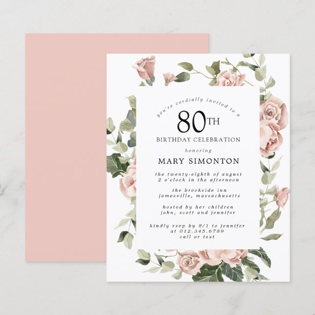 Papier Budget Dusty Rose Rose 80e anniversaire Invitation (Devant / Derrière)