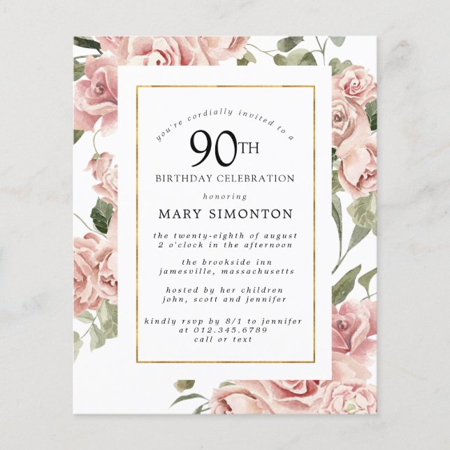 Papier Budget Dusty Rose Rose 90e anniversaire Invitation (Devant)