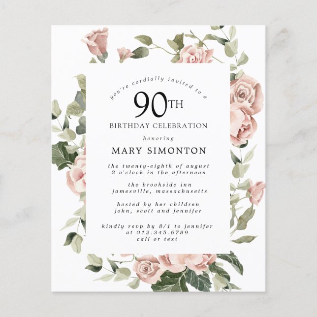 Papier Budget Dusty Rose Rose 90e anniversaire Invitation (Devant)