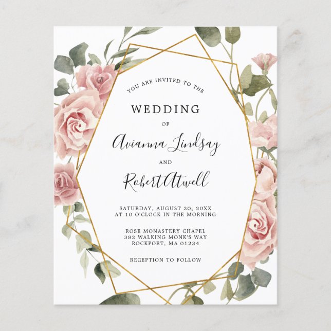 Papier Budget Dusty Rose Rose Floral Faire-part de mariag (Devant)
