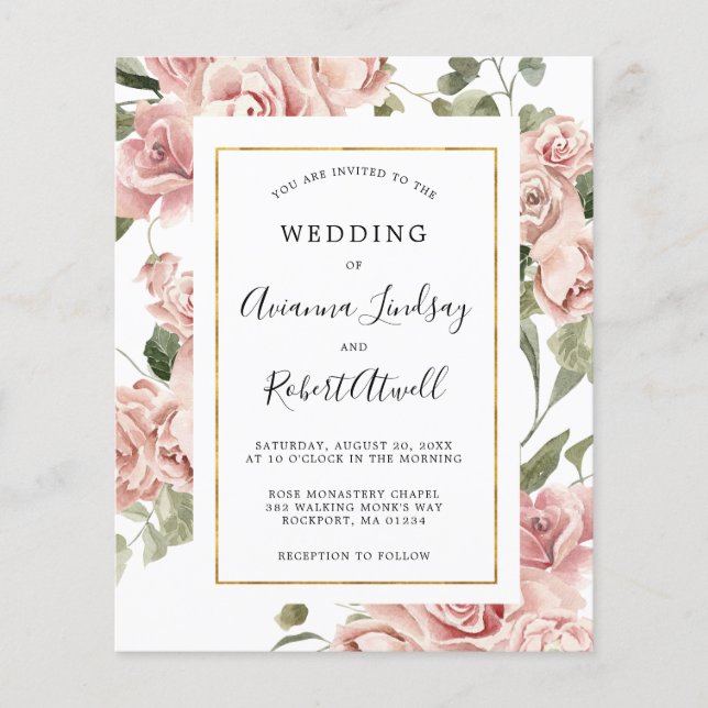Papier Budget Dusty Rose Rose Floral Faire-part de mariag (Devant)