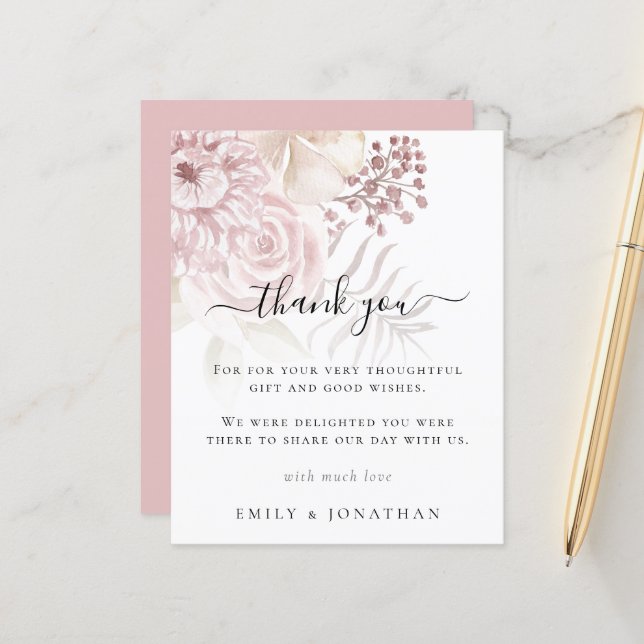 Papier Budget Dusty Rose rose Florals Mariage Merci (Devant/Arrière en situation)