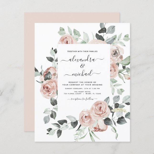 Papier Budget Dusty rose verdure Invitations de mariage (Devant / Derrière)