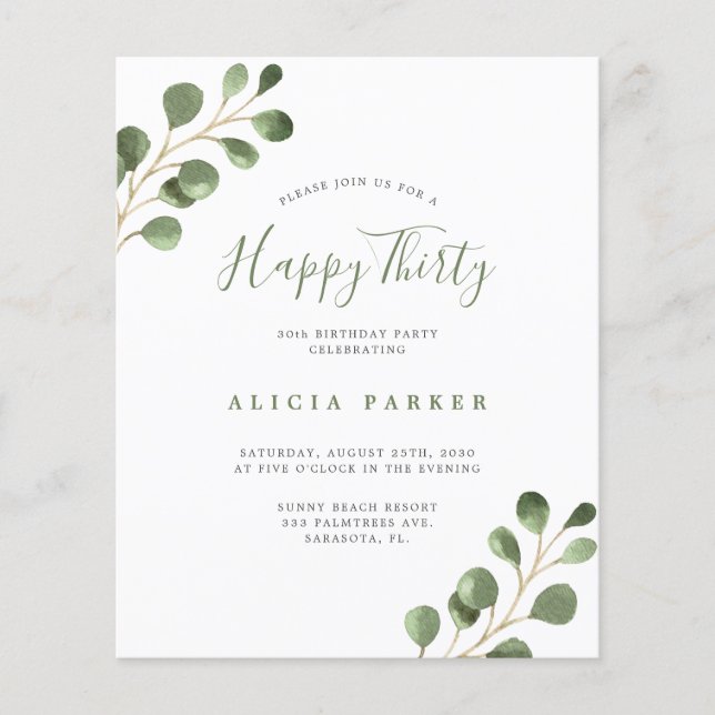 Papier Budget élégant 30 ans anniversaire invitation fête (Devant)