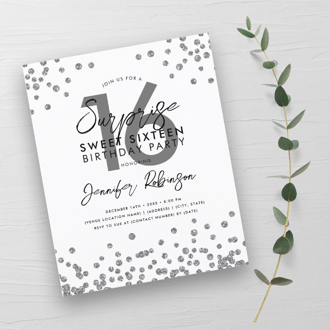 Papier Budget Élégant Argent Confetti Sweet 16 Invitation (Budget Elegant Silver Confetti Sweet 16 Invite)
