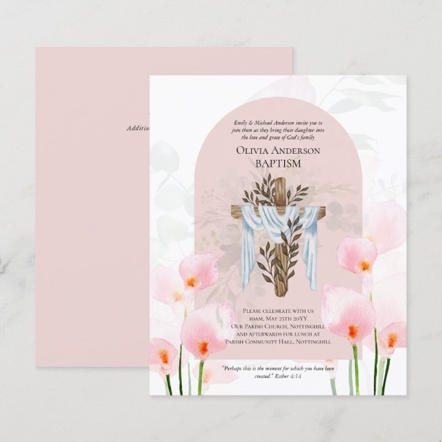 Papier BUDGET Élégant BAPTISME Invitation rose Calla Lily (Devant / Derrière)