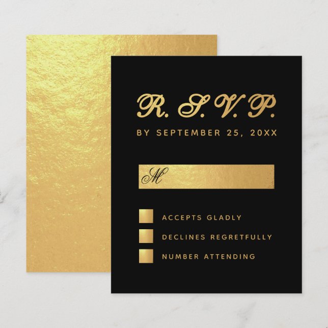 Papier Budget Elégant Black Faux Gold Script Wedding RSVP (Devant / Derrière)