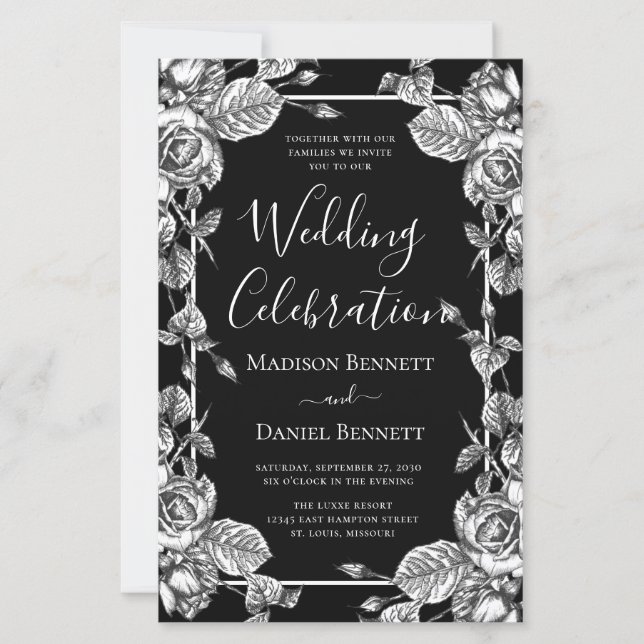 Papier Budget Élégant Black Floral Mariage Célébration (Devant)