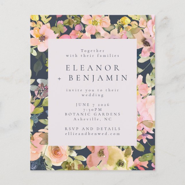 Papier Budget Élégant Blush Marine Floral Mariage Invitat (Devant)