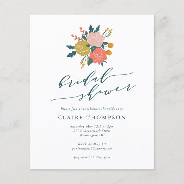 Papier Budget Elegant Boho Floral Fête des mariées simple (Devant)