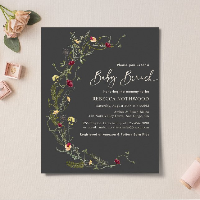 Papier Budget Elegant Boho Grey Fleur sauvage Baby Brunch (Créateur téléchargé)