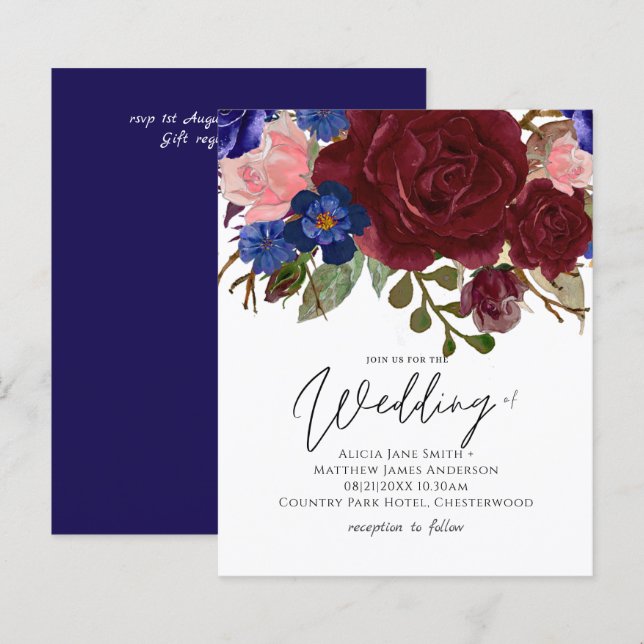 Papier BUDGET Elégant Burgundy Blue Floral Mariage Invita (Devant / Derrière)