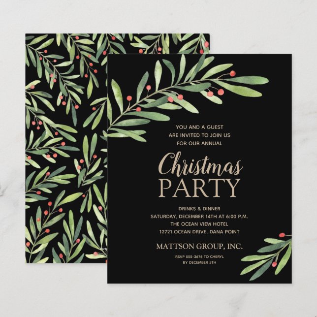 Papier Budget Élégant de la verdure Noël Invitation noire (Devant / Derrière)