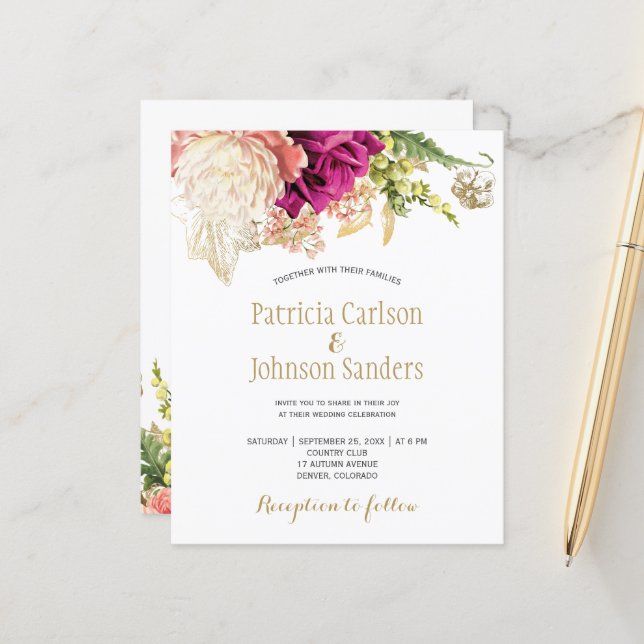 Papier Budget élégant faire-part de mariage floral (Devant/Arrière en situation)