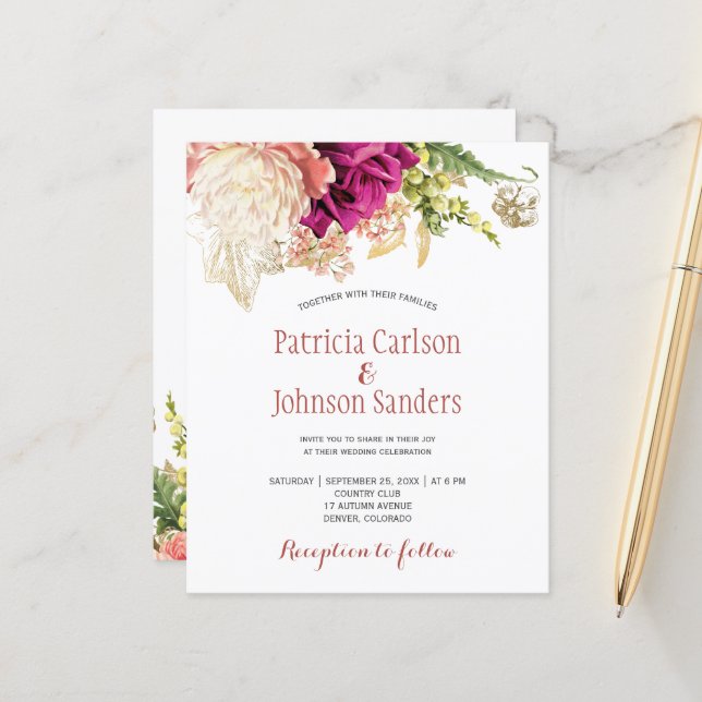 Papier Budget élégant faire-part de mariage floral (Devant/Arrière en situation)