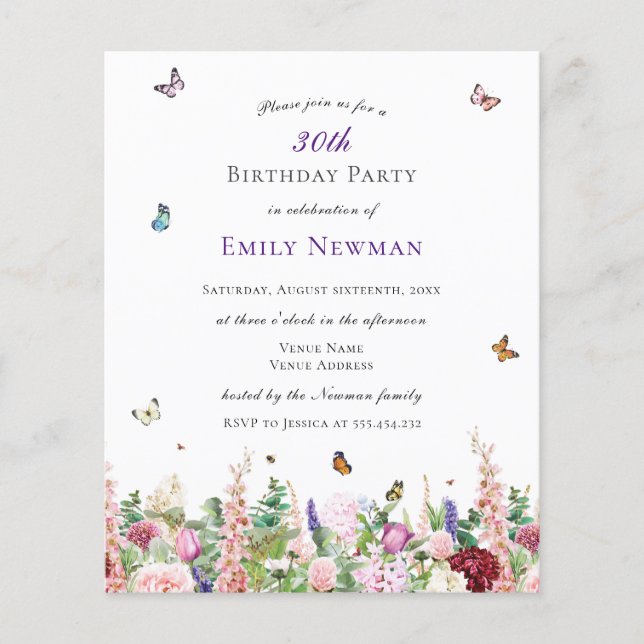 Papier Budget Elégant Floral 30e anniversaire Invitation (Devant)