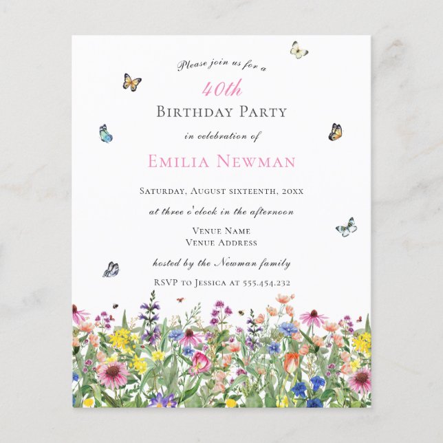 Papier Budget Elégant Floral 40e fête d'anniversaire (Devant)