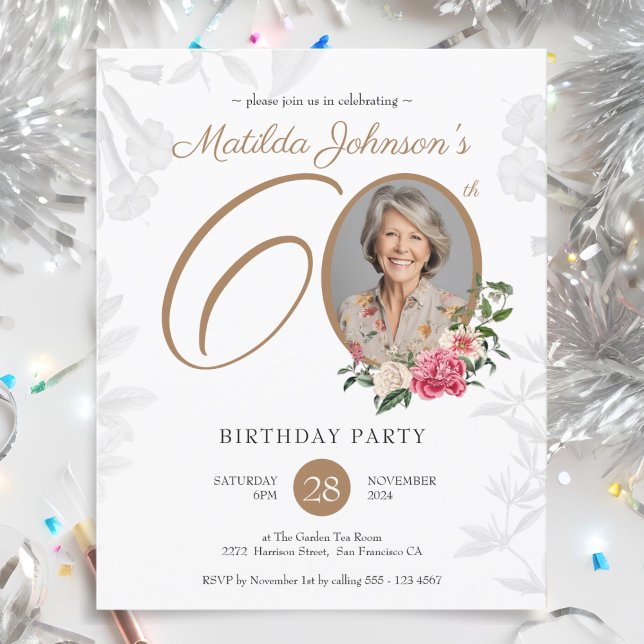 Papier Budget Elégant Floral 60e Anniversaire Invitation (Budget Elegant Floral 60th Birthday Invitation)