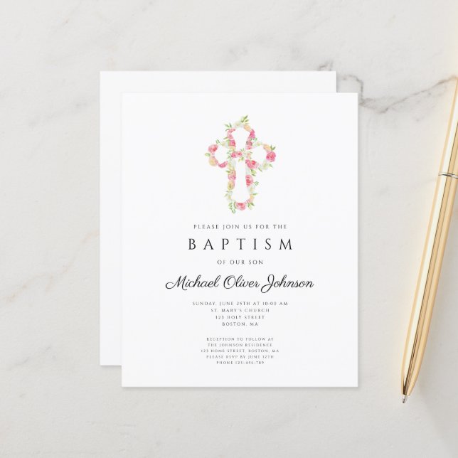 Papier Budget Élégant Floral Pink Cross Baptism Invitatio (Devant/Arrière en situation)
