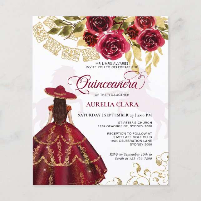 Papier Budget Élégant Floral Ruby Red Horse Quinceañera (Devant)
