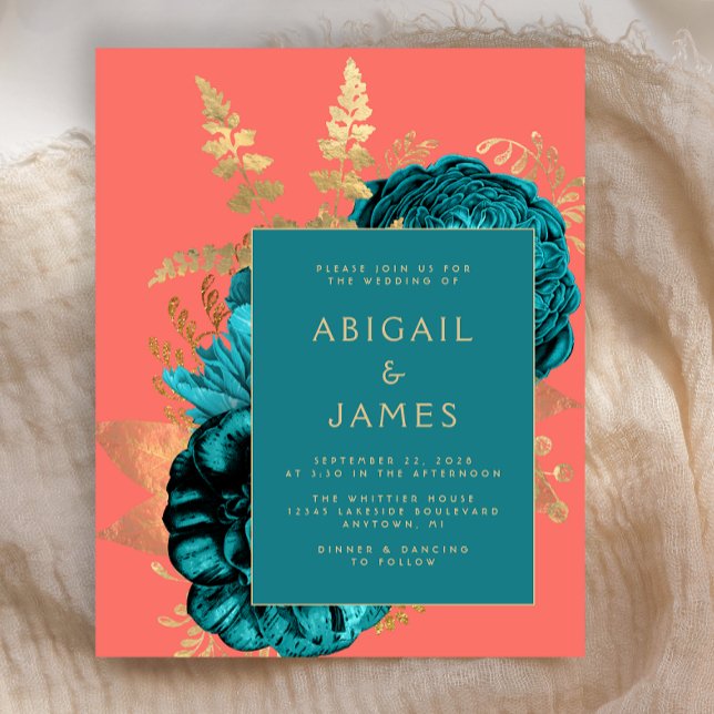 Papier Budget Elegant Floral Teal Coral Gold Wedding (Créateur téléchargé)