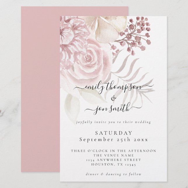 Papier Budget Élégant Florales Script Pink Mariage Invita (Devant / Derrière)