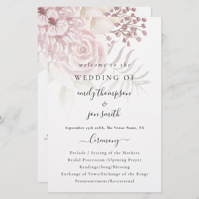 Papier Budget Élégant Florals Script Pink Wedding Program (Devant / Derrière)