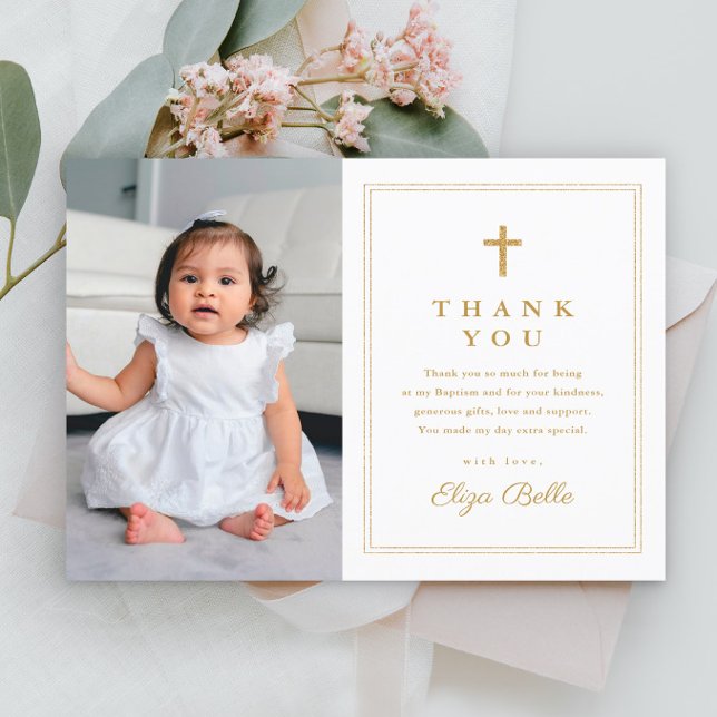 Papier Budget Elegant Gold Cross Photo Baptism Merci (Simple budget photo baptism thank you card with gold cross.)