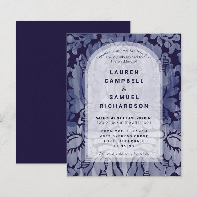 Papier Budget Elegant Marine Blue Mariage damassé Invitat (Devant / Derrière)