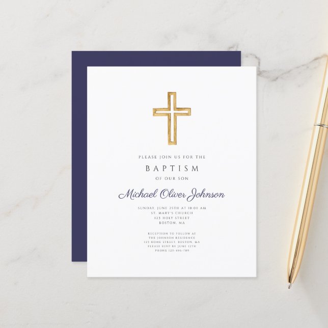 Papier Budget Élégant Marine Croix Bleue Boy Baptême garç (Devant/Arrière en situation)