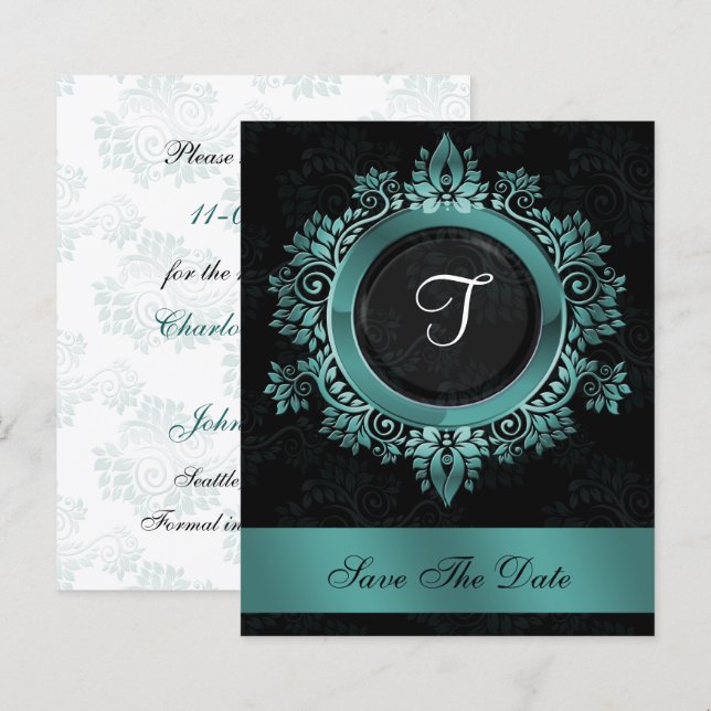 Papier Budget Elegant Monogram Aqua enregistrer la date (Devant / Derrière)