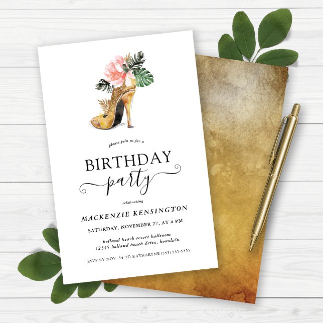 Papier Budget Élégant or Floral talons Anniversaire fête (Budget Elegant Gold Floral Heels Birthday Party Invitation)