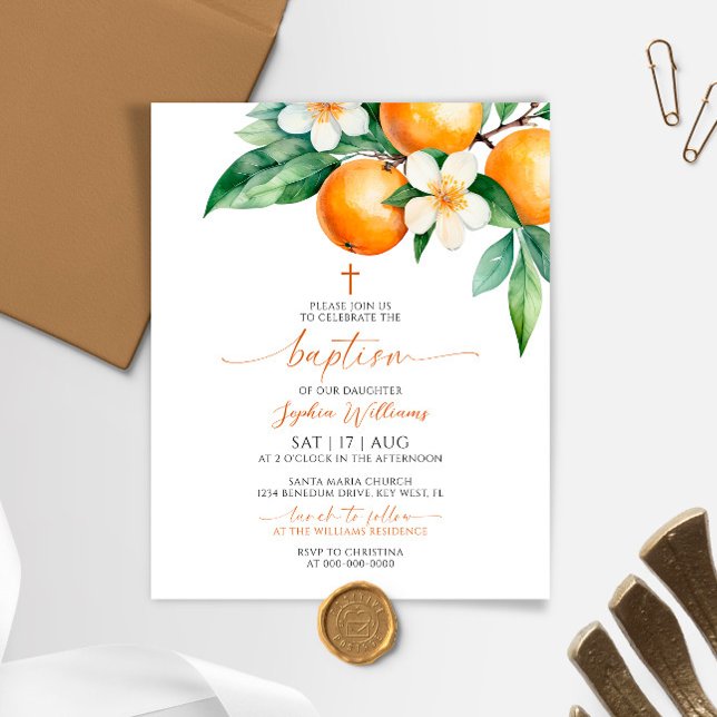 Papier Budget Elégant Orange Floral Baptism Invitation (Créateur téléchargé)