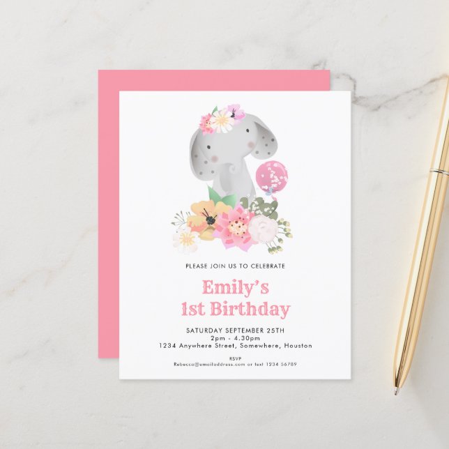 Papier Budget Elephant 1er anniversaire Pink Party Invita (Devant/Arrière en situation)