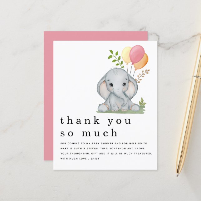Papier BUDGET Eléphant Baby shower fille rose Merci (Devant/Arrière en situation)