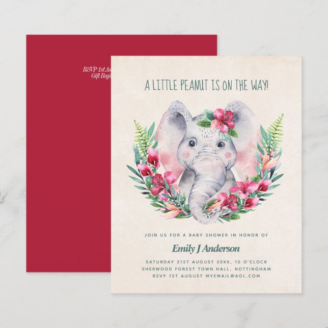 Papier BUDGET Elephant Baby shower Invitation rose profon (Devant / Derrière)