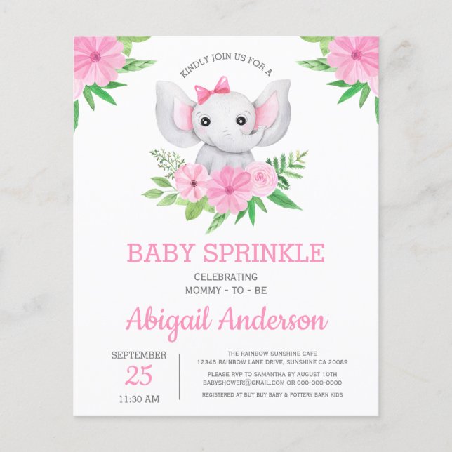 Papier BUDGET Elephant Baby Sprinkel Floral Invitation (Devant)
