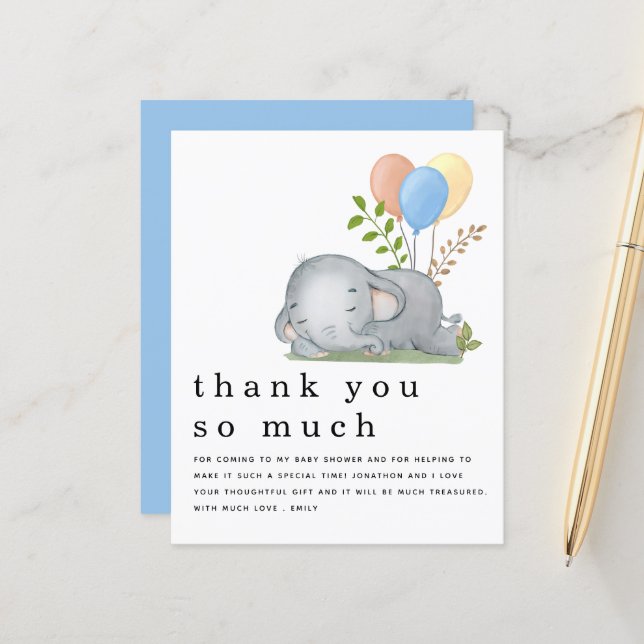 Papier BUDGET Elephant Blue Boy Baby shower Merci (Devant/Arrière en situation)