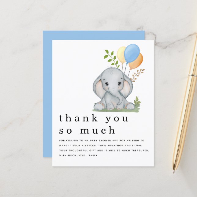 Papier BUDGET Elephant Boy Baby shower Merci bleu (Devant/Arrière en situation)