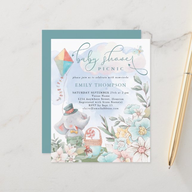 Papier Budget Elephant Boy Baby shower Pique-nique Invita (Devant/Arrière en situation)
