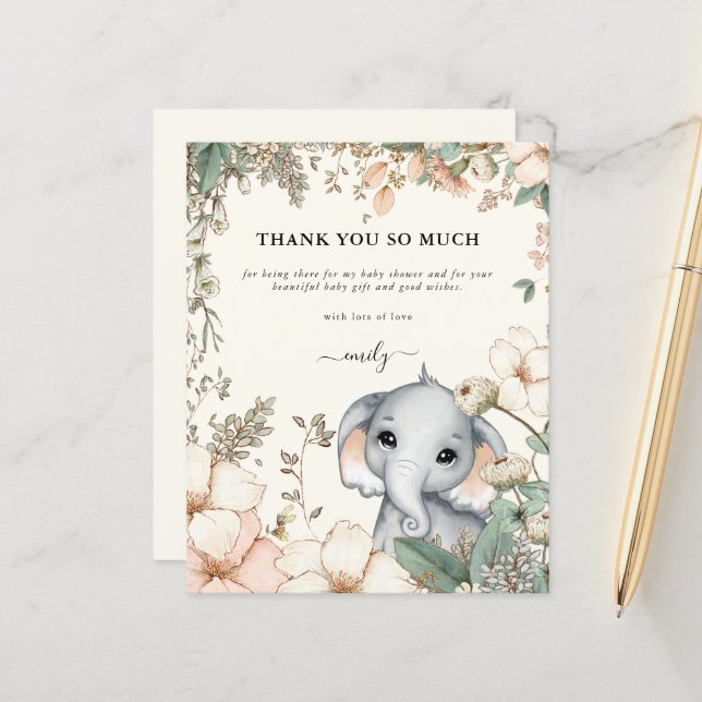 Papier Budget Elephant Floral Crème Baby shower Merci (Devant/Arrière en situation)