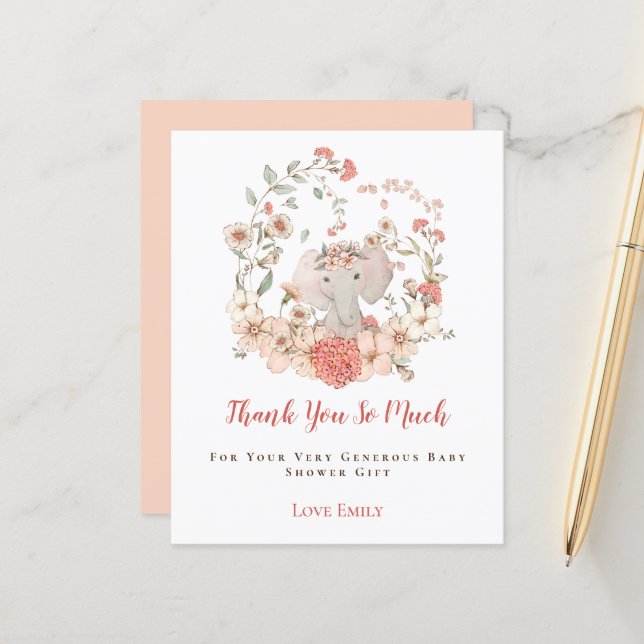 Papier Budget Eléphant Floral Pêche Baby shower Merci (Devant/Arrière en situation)