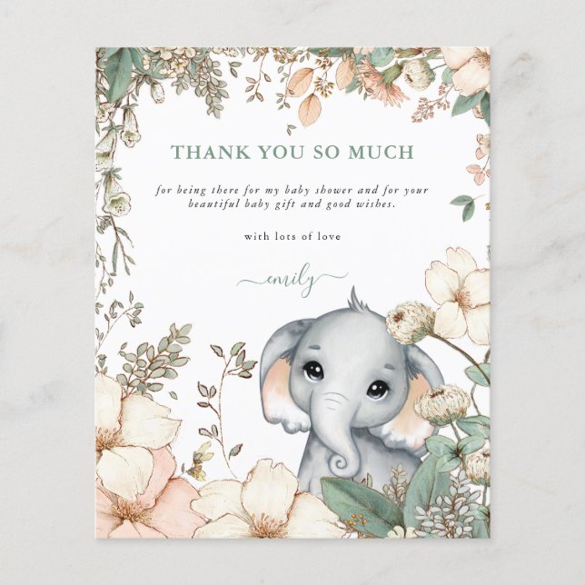 Papier Budget Eléphant Floral Sage Baby shower Merci (Devant)