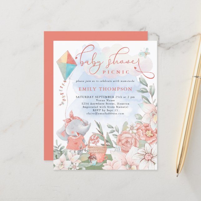 Papier Budget Elephant Florals Baby shower Pique-nique In (Devant/Arrière en situation)