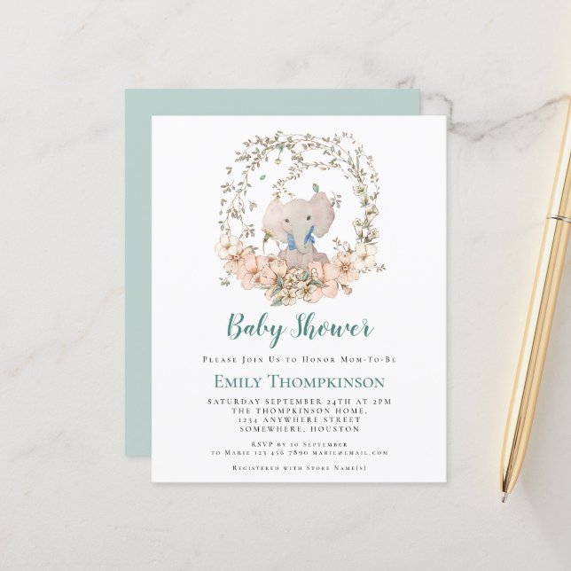 Papier Budget Elephant Foliage Boy Baby shower Invitation (Devant/Arrière en situation)