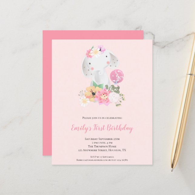 Papier Budget Elephant Rose Girl 1er anniversaire Invitat (Devant/Arrière en situation)