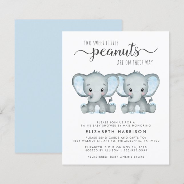 Papier Budget Elephant Twin Baby Boys Douche par courrier (Devant / Derrière)