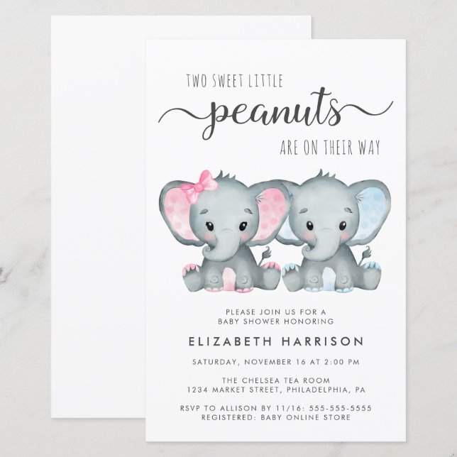 Papier Budget Elephant Twin Boy Girl Baby shower Invitati (Devant / Derrière)