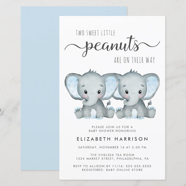 Papier Budget Elephant Twin Boys Baby shower Invitation (Devant / Derrière)