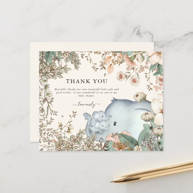 Papier Budget Elephant Twins Cream Baby shower Merci (Devant/Arrière en situation)
